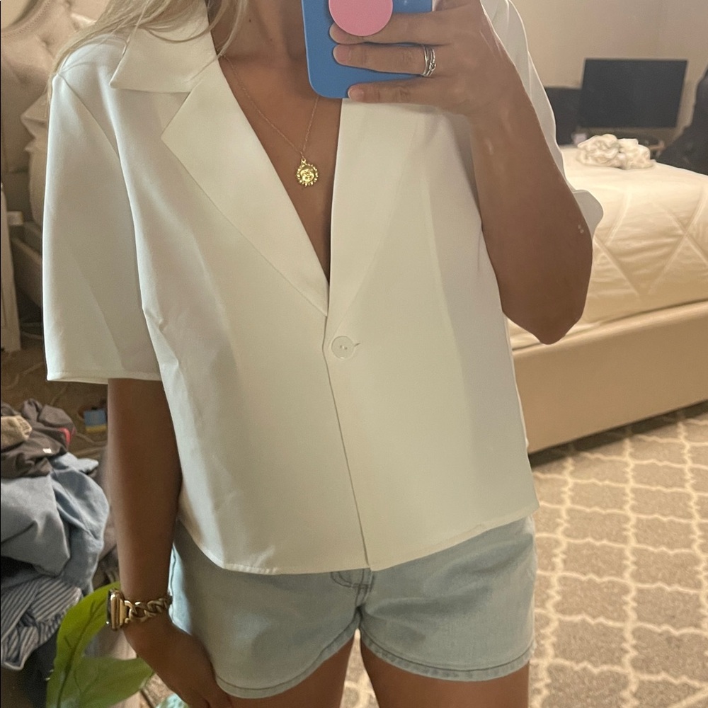 Lulu's Cream Short Sleeve Blazer Style Top